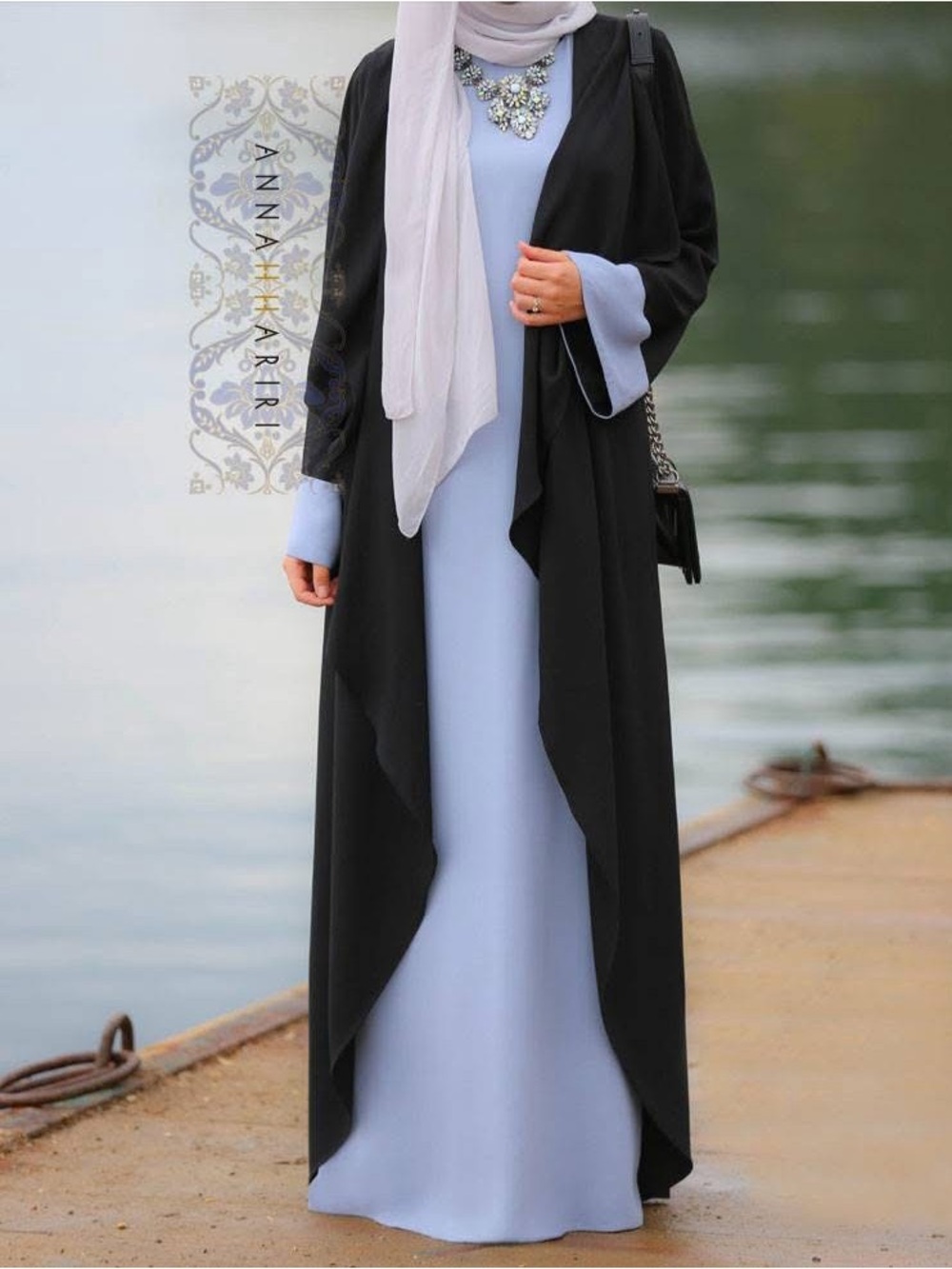 Annah Hariri Abaya with gray & cream Maxi Dress